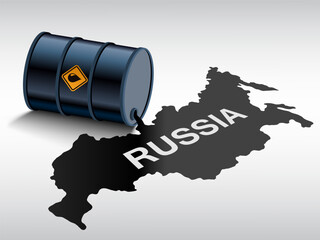 Crude oil from a barrel is poured onto the map of Russia. Vector illustration