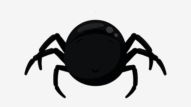 Black cartoon spider with eight legs and large white eyes on a plain white background
