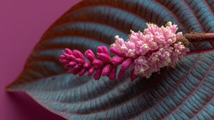 Pink and Red Flower Blossom on Teal Leaf Macro Shot