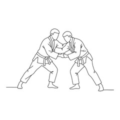 Fototapeta premium Two martial artists grappling in white outline isolated on a transparent background arts judo