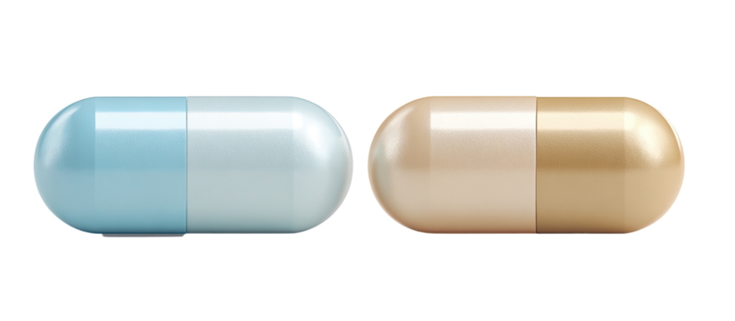Two light-colored capsules, one light blue and one light beige