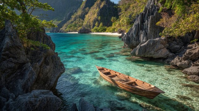 Wooden Boat in Crystal Clear Tropical Water - Powered by Adobe