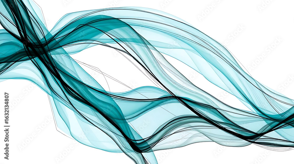 Poster abstract teal wave lines flowing smoothly on a white background, creating a modern and artistic desi