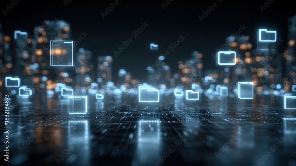 Poster abstract network grid with files and folders, futuristic software interface, digital document manage