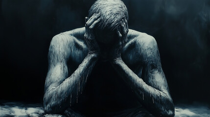 A man sitting with his head in his hands, showing deep sadness. A person in distress, painted in dark hues, showing signs of deep sorrow.
