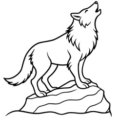 Wolf howling on rock line art vector