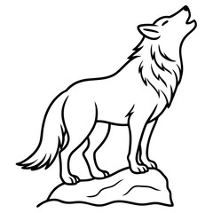 Wolf howling on rock line art vector