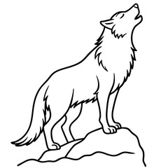 Wolf howling on rock line art vector