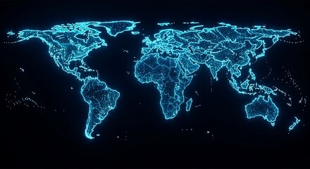 A glowing world map highlighting international borders.