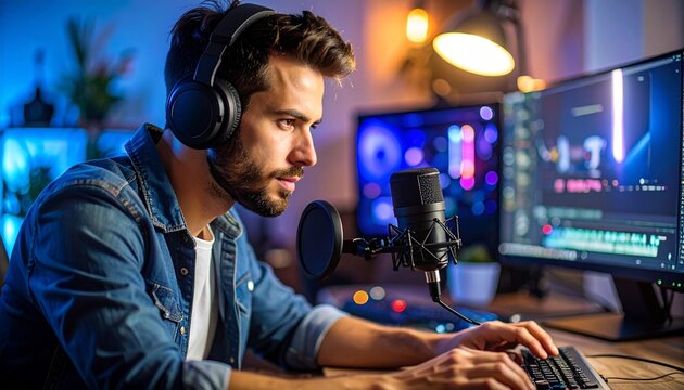 Realistic HD close-up photograph of a professional YouTuber working at home, sitting at a desk with a microphone and camera setup, focused expression, casual modern outfit, vivid colors, neutral backg