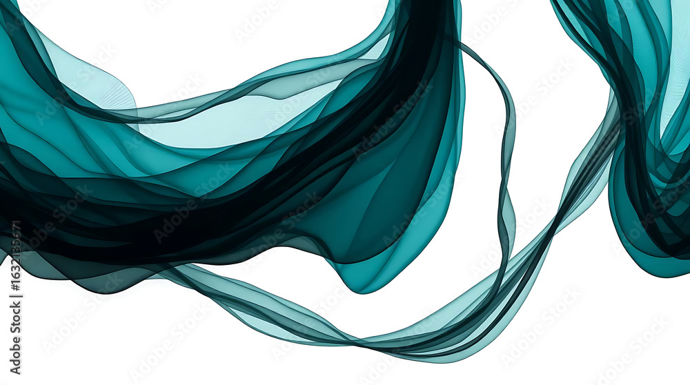 Poster elegant turquoise silk fabric isolated on white background, a captivating dance of flowing lines cre