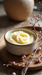 Creamy vanilla pudding in ceramic bowl with pink floral decor on wooden tray
