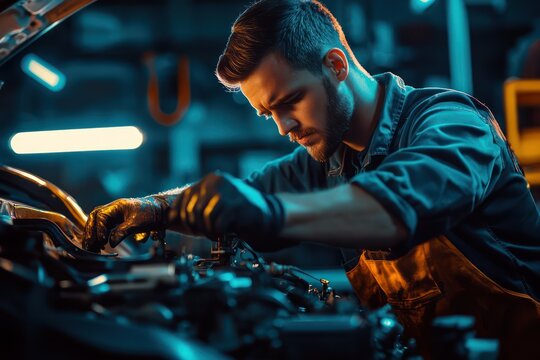 Focused auto mechanic working in neon-lit garage