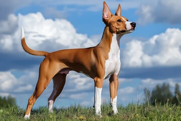 Elegant Basenji dog standing alert in sunny park