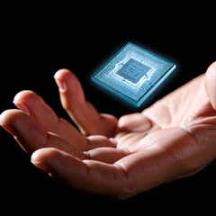 Futuristic technology microchip levitating above open hand