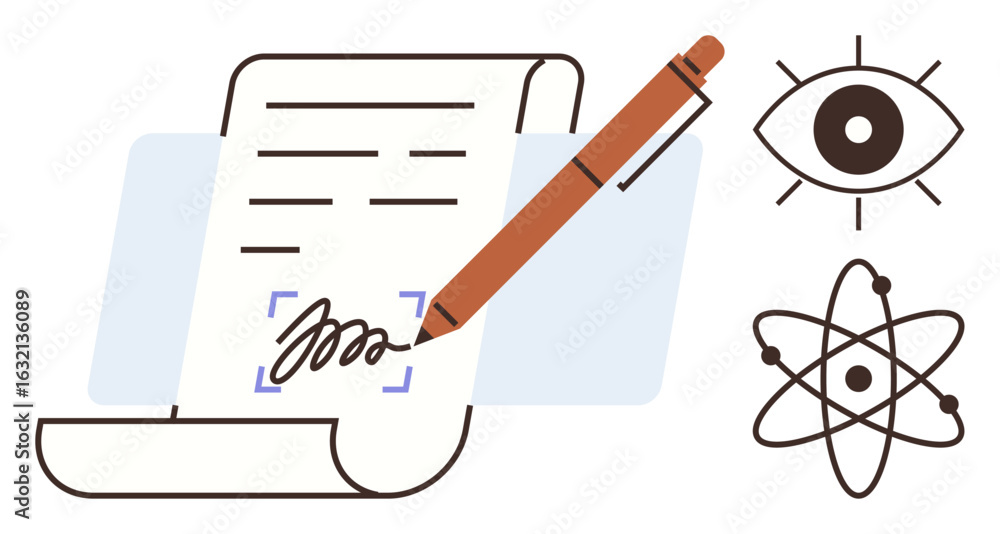 Poster pen signing a document with signature capture symbol, alongside an eye and atomic structure. ideal f