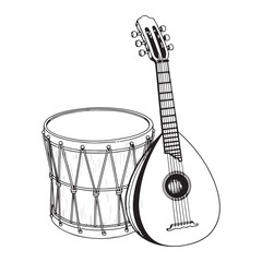 Naklejka premium Monochromatic Musical Harmony An Elegant Composition Featuring a Mandolin Leaning on a Tightly Stretched Drum Ready for Rhythm