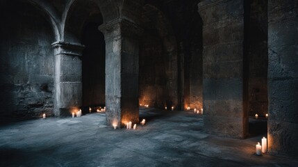 Mysterious Dark Room with Stone Arches and Flickering Candlelight