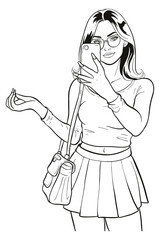 A black and white line art illustration depicts a stylish woman in glasses taking a selfie with her smartphone. With a confident pose and fashionable attire, this image modern trend of social media.