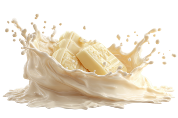 White chocolate chunks immersed in a creamy, milk-like liquid, creating a dynamic splash