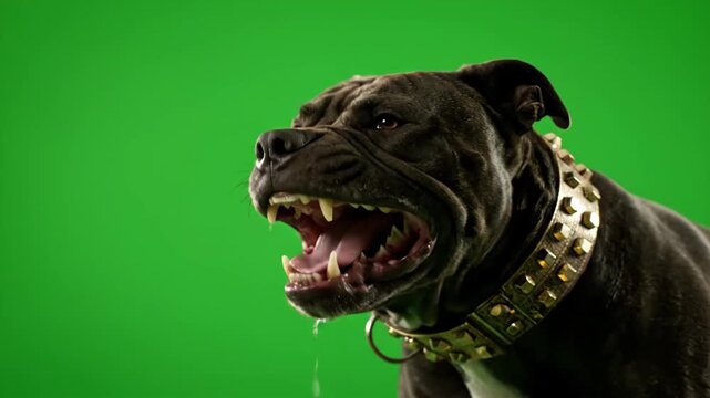 Pit bull dog. 4K Real black pit bull dog barking. Green screen chroma key. Close up. Slow Motion. Animal Graphic Resources.
