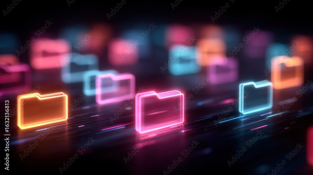 Poster abstract network grid with files and folders, futuristic software interface, digital document manage