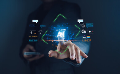 AI agents and futuristic technology take center stage as a businessman interacts with a virtual interface, showcasing artificial intelligence integration in modern business and communication systems