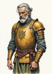 Fototapeta premium Middle-aged man in dented bronze armor with olive tunic and gray hair – old-school RPG soldier or retired knight character design for classic fantasy tabletop roleplaying settings