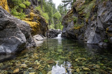 Crystal-clear stream in a rocky canyon. Lush vegetation