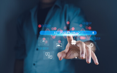 Businessman interacting with virtual AI assistant interface smart technology, productivity tools with a digital interface AI technology and applications. icons for voice text image video generation