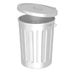 3d cartoon empty trash can with lid open, clean and metallic surface, casting soft shadow on white background. 