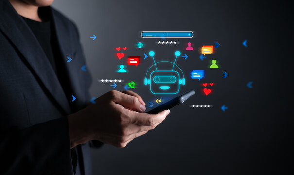 AI Search engine optimization SEO, Searching information, website communication with a smartphone, surrounded representing technology and search global network excellent internet 6g social High speed