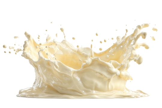 Creamy, pale yellow liquid erupts in a splash, radiating outward from a central point, creating a textured, three-dimensional form