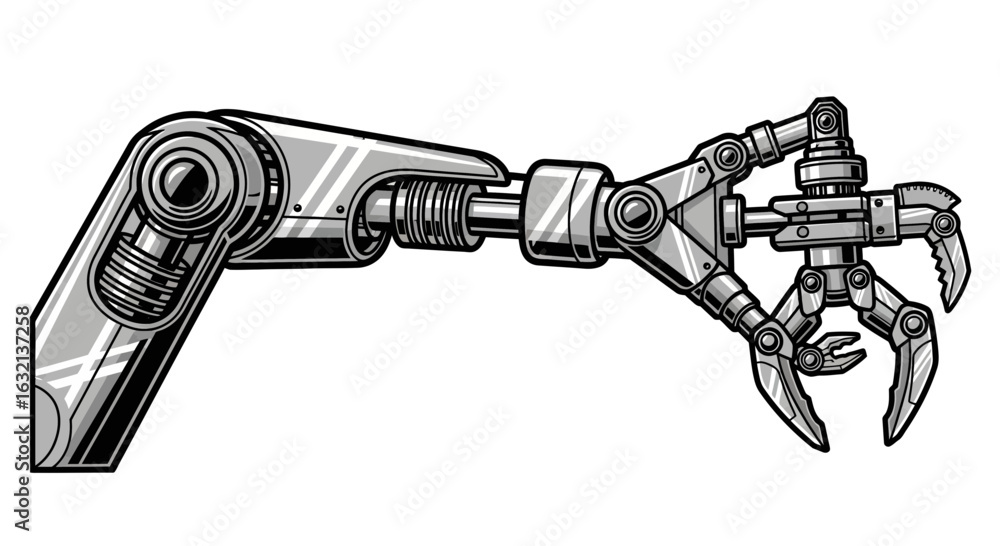 Poster illustration of a metallic robotic arm with a claw like gripper extending to the right side view