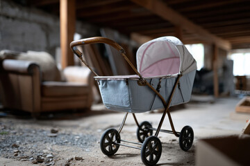 This nostalgic image features a vintage baby stroller set in a dusty, abandoned space, evoking feelings of nostalgia and memories of childhood innocence.