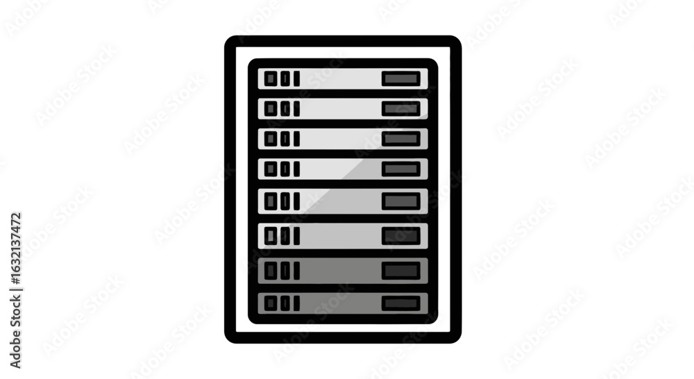Poster illustration of a server rack with multiple servers stacked inside a rectangular frame design elemen