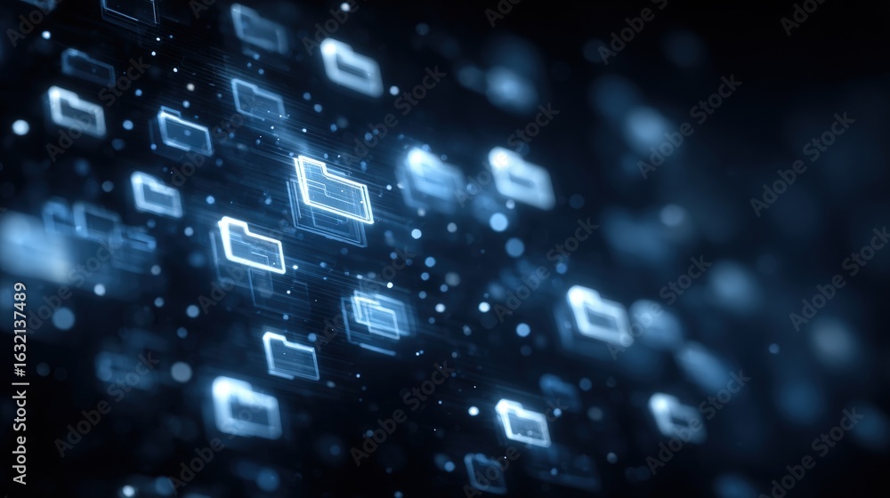 Poster abstract network grid with files and folders, futuristic software interface, digital document manage