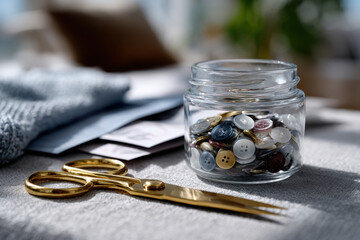 A beautifully arranged close-up of colorful buttons next to a pair of scissors captures the creativity and artistry behind sewing and crafting projects.