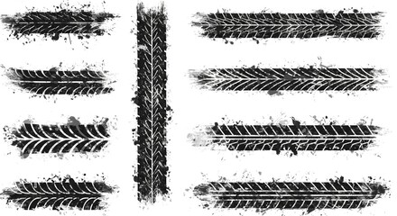Vector black-and-white tire tracks and skid marks designed for rally, motocross, drifting, drag racing, and off-road vehicles, featuring grunge splatter and tread patterns for car and bike graphics.
