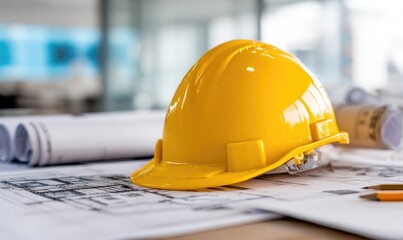 Bright yellow safety helmet resting on architectural blueprints