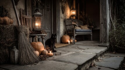 Black Cat on Rustic Porch with Pumpkins and Lanterns