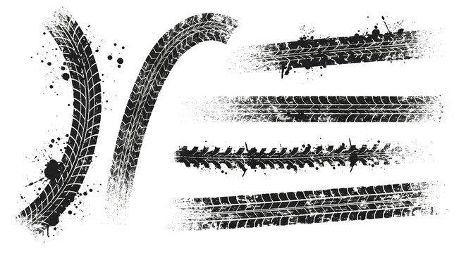 Vector black-and-white tire tracks and skid marks designed for rally, motocross, drifting, drag racing, and off-road vehicles, featuring grunge splatter and tread patterns for car and bike graphics.
- Powered by Adobe
