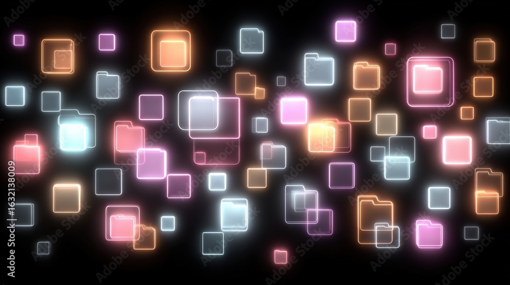 Poster abstract network grid with files and folders, futuristic software interface, digital document manage