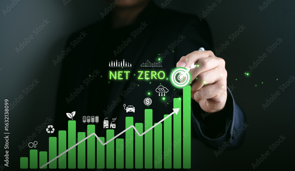 Poster net zero green graph representing recycling environmental sustainability renewable resource save, re