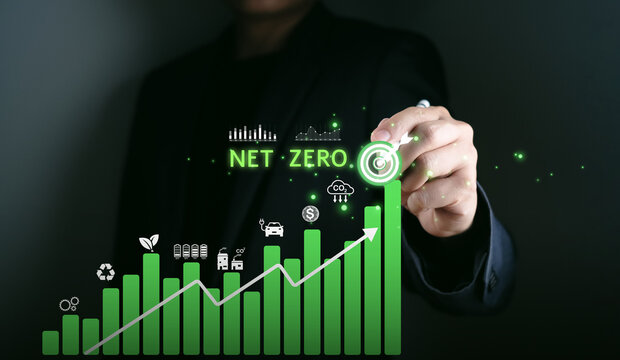 Net zero green graph representing recycling environmental sustainability renewable resource save, reduce global warming resource globe, symbolizing digital context Net Zero with eco-friendly - Powered by Adobe