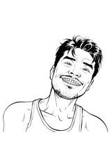 A black and white line art portrait features a smiling, cheerful beard man wearing tank tops. With his head tilted and a friendly expression, this illustration conveys a happy and positive emotion.