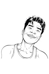 A black and white line art portrait features a smiling, cheerful man. With his head tilted and a friendly expression, this illustration conveys a happy and positive emotion.