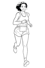 A dynamic black and white line art illustration depicts a confident sportswoman jogging. Dressed in casual sportswear, she embodies fitness, a healthy lifestyle, and active movement. running idea.