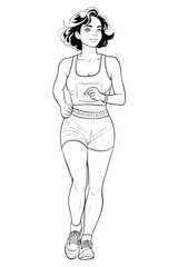 A dynamic black and white line art illustration depicts a confident sportswoman jogging. Dressed in sportswear with a race number, she embodies fitness, a healthy lifestyle, and active movement.