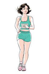 Young brunette woman jogging in sportswear, showing fitness, health, energy, and active lifestyle with focus and determination during morning workout. Perfect for wellness and sport themes.